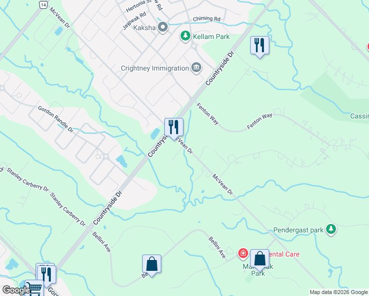 map of restaurants, bars, coffee shops, grocery stores, and more near 10960 McVean Drive in Brampton