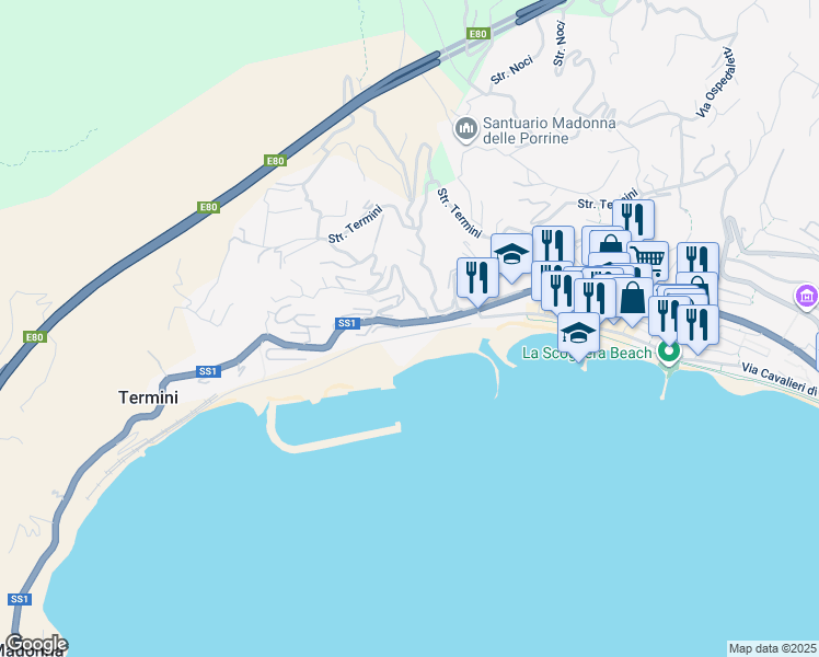 map of restaurants, bars, coffee shops, grocery stores, and more near 1 Strada Valdirodi in Ospedaletti