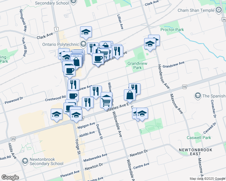 map of restaurants, bars, coffee shops, grocery stores, and more near in Markham