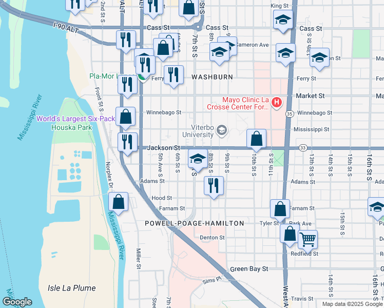 map of restaurants, bars, coffee shops, grocery stores, and more near 618 Jackson Street in La Crosse