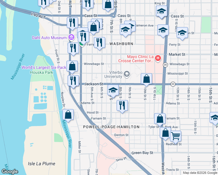 map of restaurants, bars, coffee shops, grocery stores, and more near 618 Jackson Street in La Crosse