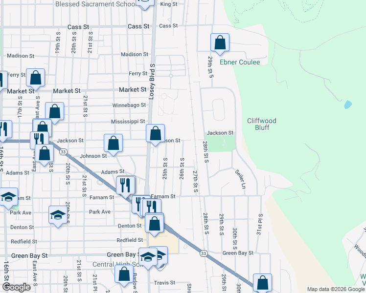 map of restaurants, bars, coffee shops, grocery stores, and more near 913 26th Street South in La Crosse