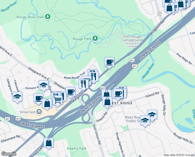 map of restaurants, bars, coffee shops, grocery stores, and more near in Toronto