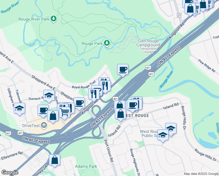 map of restaurants, bars, coffee shops, grocery stores, and more near 4 Raspberry Road in Toronto