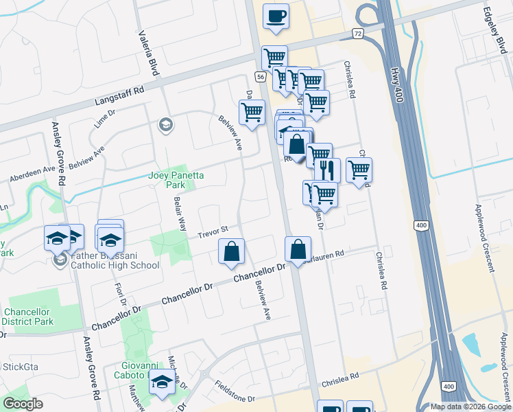 map of restaurants, bars, coffee shops, grocery stores, and more near 19 Ivano Mews in Vaughan