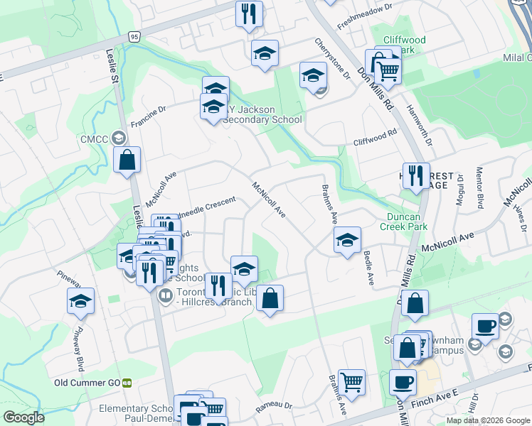 map of restaurants, bars, coffee shops, grocery stores, and more near 48 Resolution Crescent in Toronto