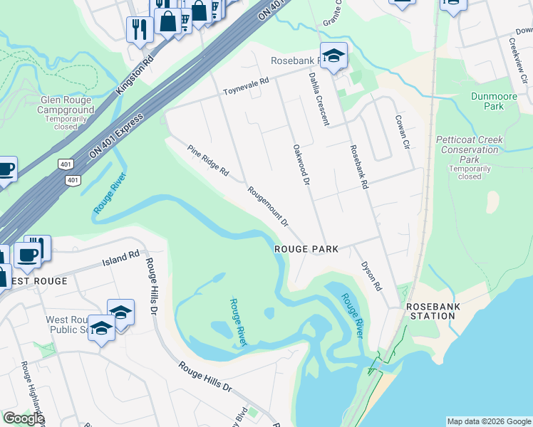 map of restaurants, bars, coffee shops, grocery stores, and more near 494 Rougemount Drive in Pickering
