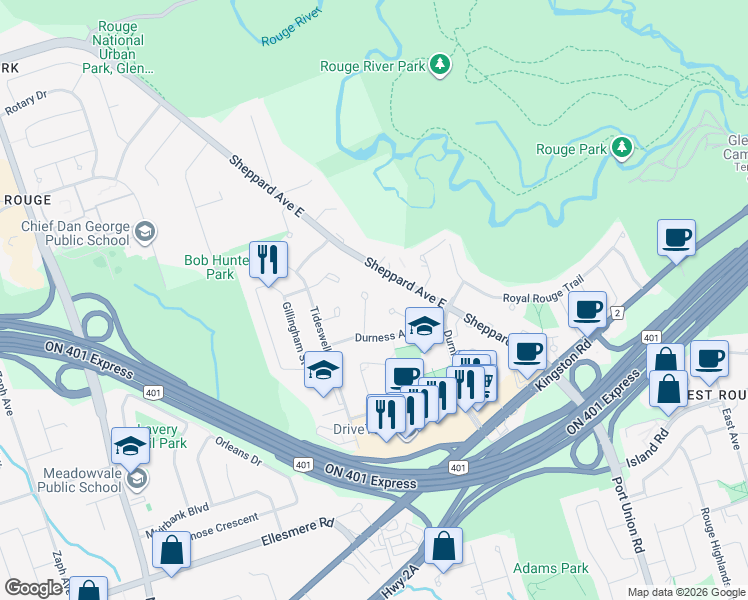map of restaurants, bars, coffee shops, grocery stores, and more near 23 Shallice Court in Toronto