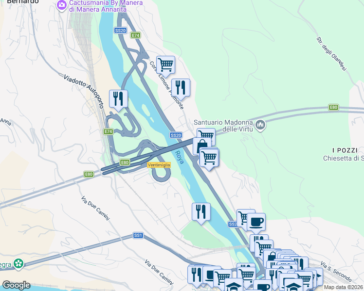 map of restaurants, bars, coffee shops, grocery stores, and more near Ponte Roya in Ventimiglia