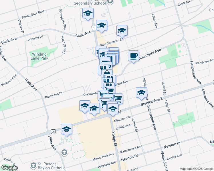 map of restaurants, bars, coffee shops, grocery stores, and more near 7163 Yonge Street in Markham