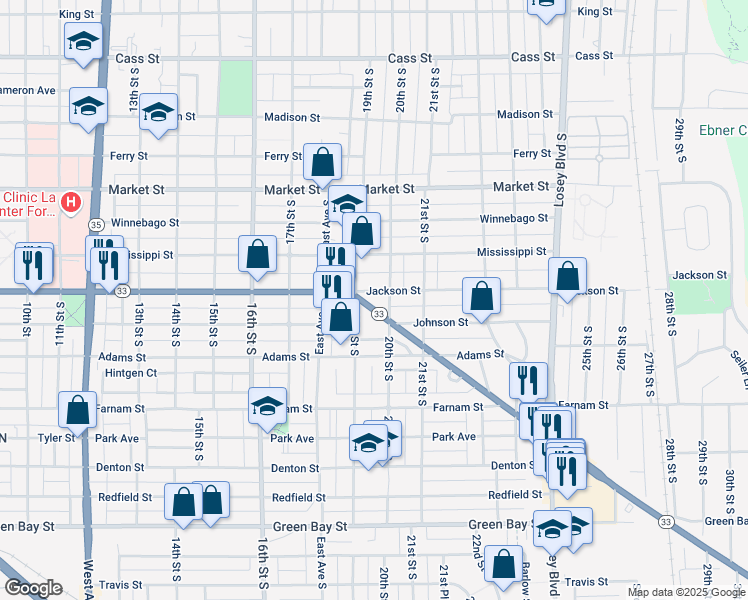 map of restaurants, bars, coffee shops, grocery stores, and more near 832 20th Street South in La Crosse
