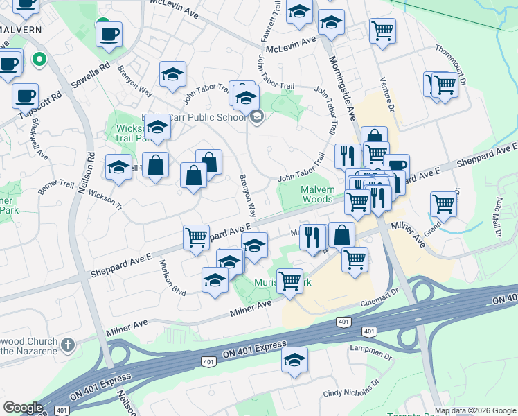 map of restaurants, bars, coffee shops, grocery stores, and more near 18 Scotney Grove in Toronto