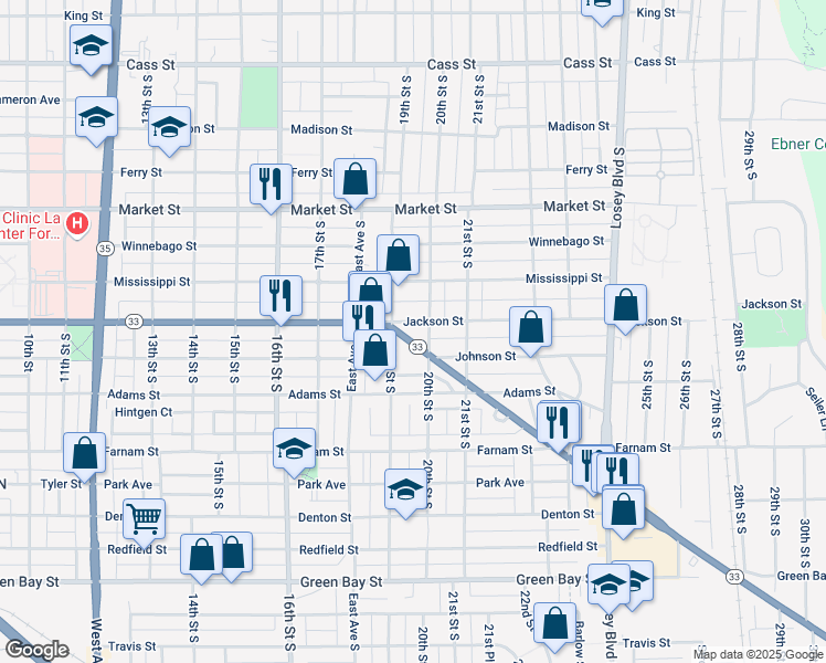 map of restaurants, bars, coffee shops, grocery stores, and more near 832 20th Street South in La Crosse