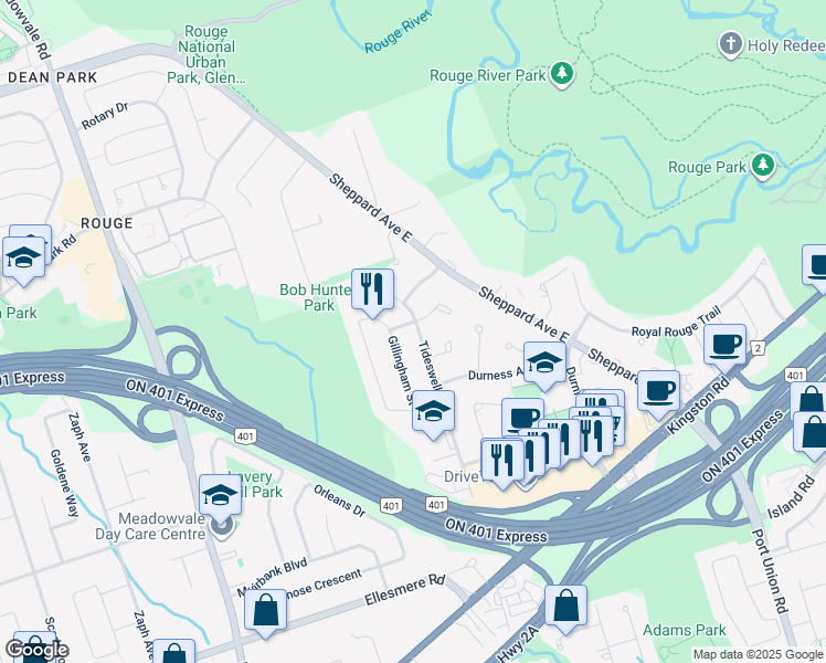 map of restaurants, bars, coffee shops, grocery stores, and more near 126 Bonnydon Crescent in Toronto