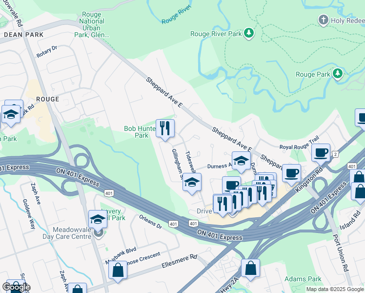 map of restaurants, bars, coffee shops, grocery stores, and more near 126 Bonnydon Crescent in Toronto