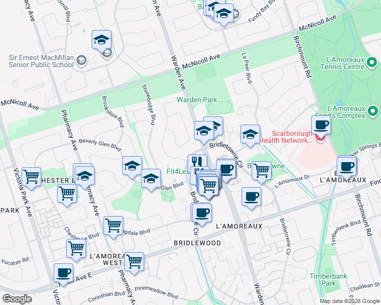 map of restaurants, bars, coffee shops, grocery stores, and more near 3025 Bridletowne Circle in Toronto
