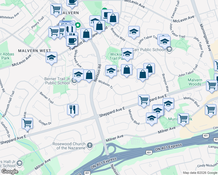 map of restaurants, bars, coffee shops, grocery stores, and more near 33 Wickson Trail in Toronto