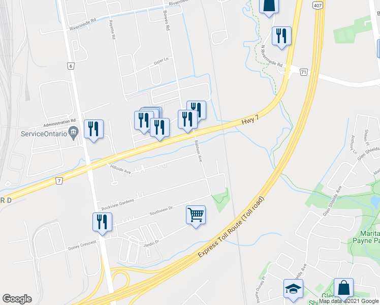 map of restaurants, bars, coffee shops, grocery stores, and more near 8 Hillside Avenue in Vaughan
