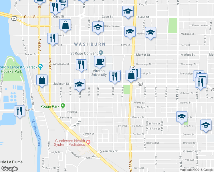 map of restaurants, bars, coffee shops, grocery stores, and more near 928 Jackson Street in La Crosse