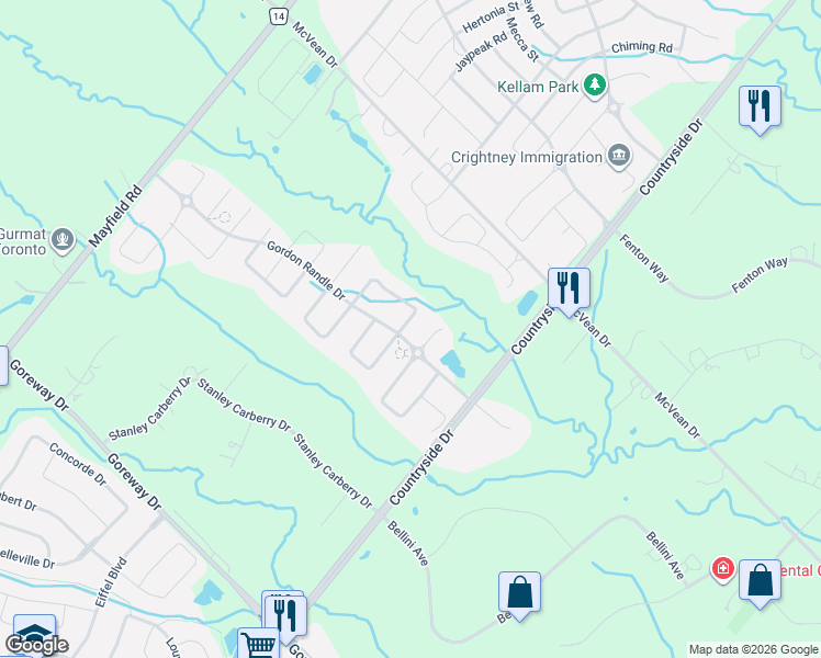 map of restaurants, bars, coffee shops, grocery stores, and more near 4 Spain Crescent in Brampton