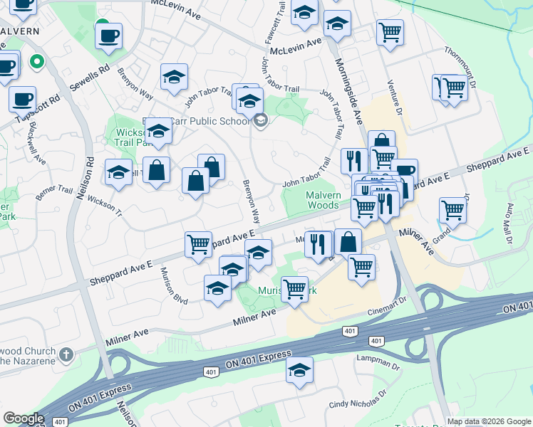 map of restaurants, bars, coffee shops, grocery stores, and more near 18 Scotney Grove in Toronto