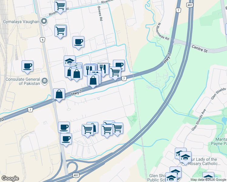 map of restaurants, bars, coffee shops, grocery stores, and more near 8 Hillside Avenue in Vaughan