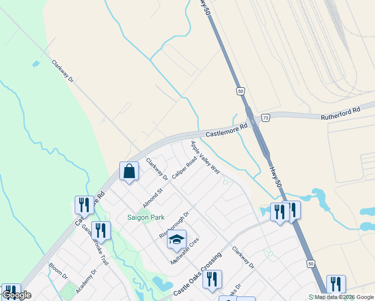 map of restaurants, bars, coffee shops, grocery stores, and more near 11 Apple Valley Way in Brampton