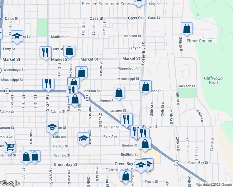 map of restaurants, bars, coffee shops, grocery stores, and more near 2202 Jackson Street in La Crosse