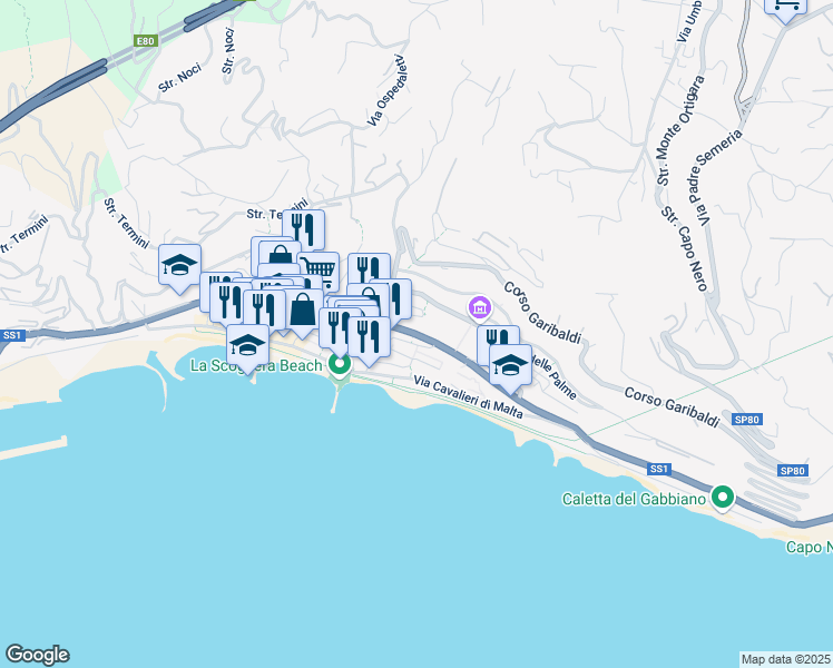 map of restaurants, bars, coffee shops, grocery stores, and more near Strada Statale 1 in Ospedaletti