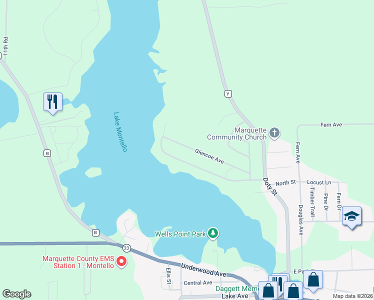 map of restaurants, bars, coffee shops, grocery stores, and more near W3523 Glencoe Avenue in Montello