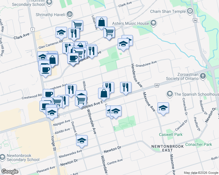 map of restaurants, bars, coffee shops, grocery stores, and more near 104 Highland Park Boulevard in Markham
