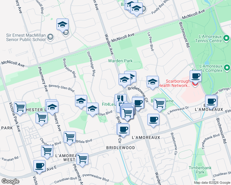 map of restaurants, bars, coffee shops, grocery stores, and more near 3025 Bridletowne Circle in Toronto