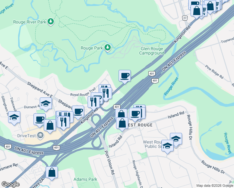 map of restaurants, bars, coffee shops, grocery stores, and more near 7437 Kingston Road in Toronto