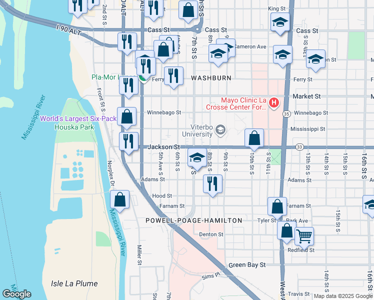 map of restaurants, bars, coffee shops, grocery stores, and more near 618 Jackson Street in La Crosse