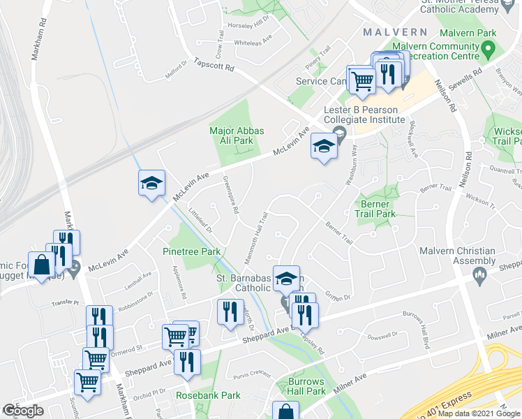 map of restaurants, bars, coffee shops, grocery stores, and more near 174 Mammoth Hall Trail in Toronto