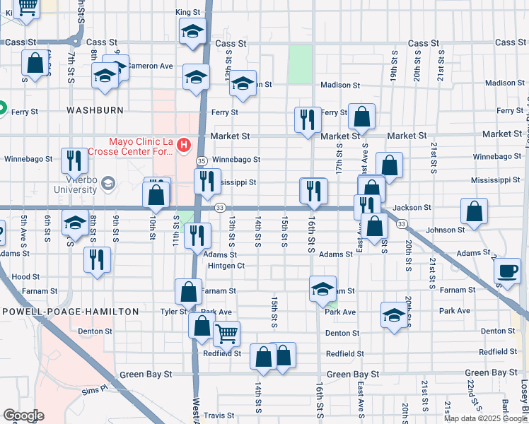 map of restaurants, bars, coffee shops, grocery stores, and more near 1334 State Highway 33 Trunk in La Crosse