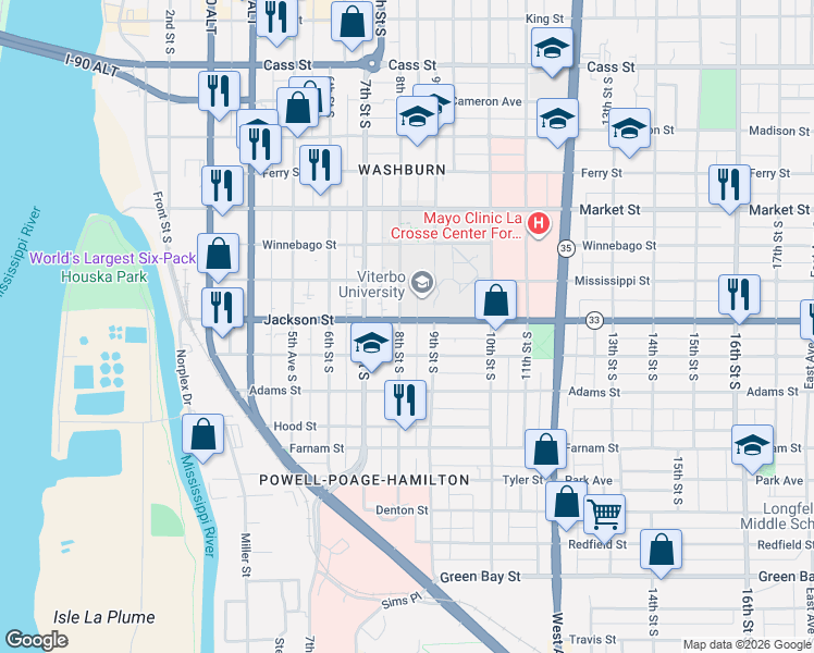 map of restaurants, bars, coffee shops, grocery stores, and more near 1002 9th Street South in La Crosse