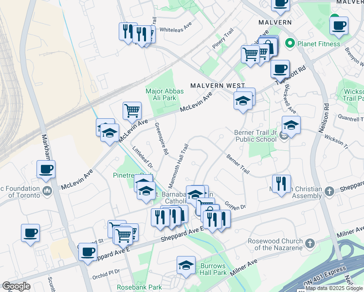 map of restaurants, bars, coffee shops, grocery stores, and more near 174 Mammoth Hall Trail in Toronto