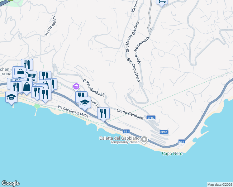 map of restaurants, bars, coffee shops, grocery stores, and more near 20 Via degli Anemoni in Ospedaletti