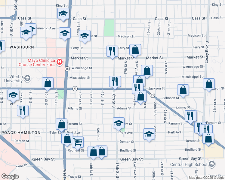 map of restaurants, bars, coffee shops, grocery stores, and more near 1550 Jackson Street in La Crosse
