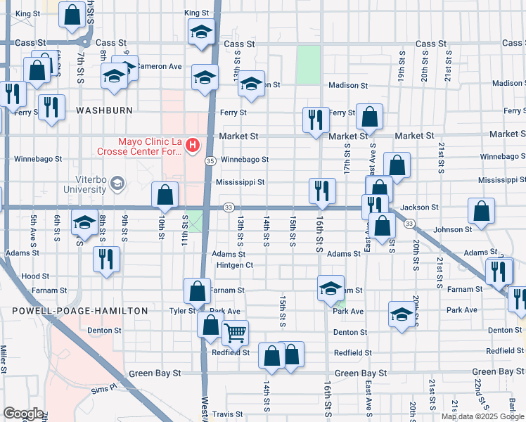 map of restaurants, bars, coffee shops, grocery stores, and more near 1334 State Highway 33 Trunk in La Crosse