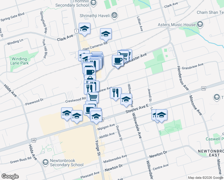 map of restaurants, bars, coffee shops, grocery stores, and more near 37 Grandview Avenue in Markham