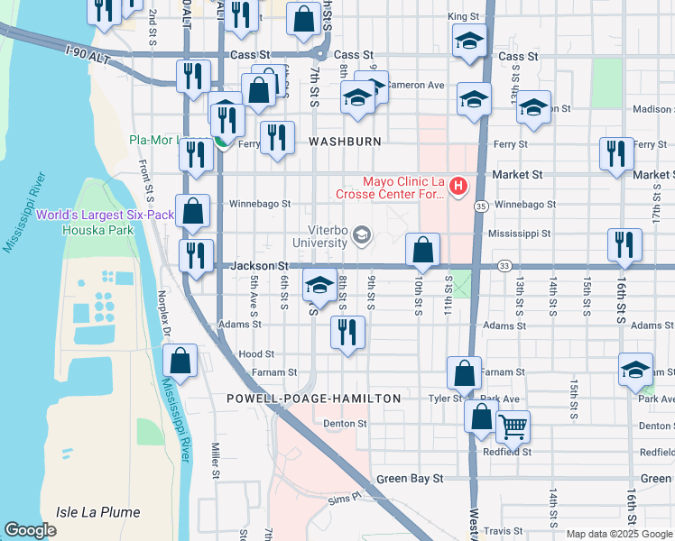 map of restaurants, bars, coffee shops, grocery stores, and more near 716 Jackson Street in La Crosse