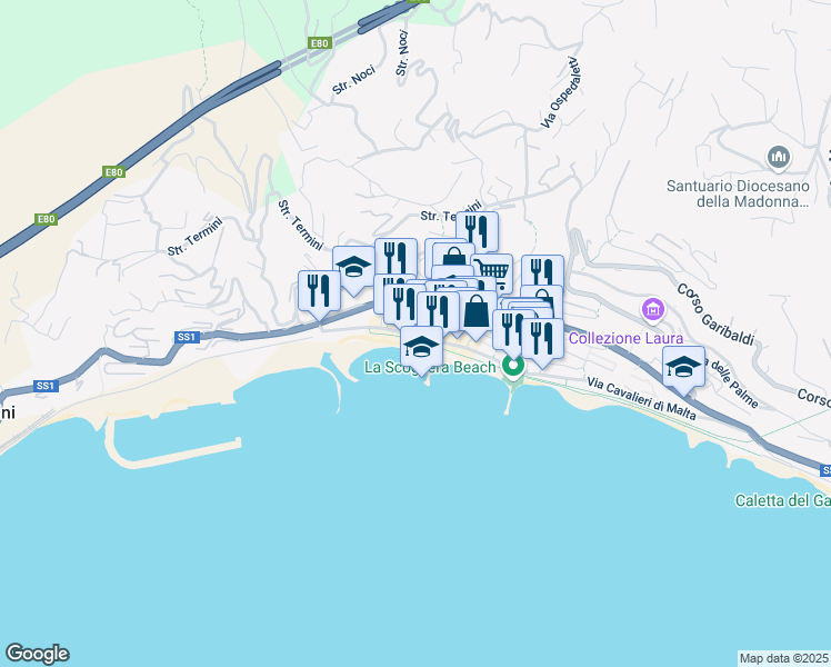 map of restaurants, bars, coffee shops, grocery stores, and more near 101 Via XX Settembre in Ospedaletti