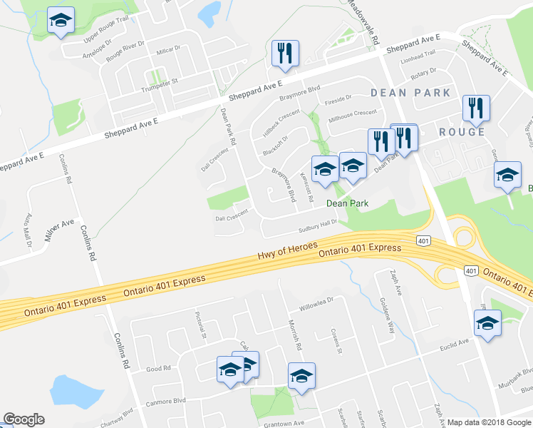 map of restaurants, bars, coffee shops, grocery stores, and more near 171 Dean Park Road in Toronto