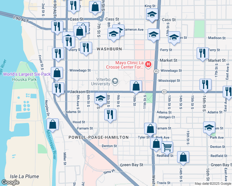 map of restaurants, bars, coffee shops, grocery stores, and more near 1002 9th Street South in La Crosse