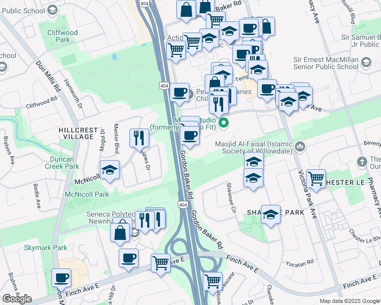 map of restaurants, bars, coffee shops, grocery stores, and more near 105 Gordon Baker Road in Toronto