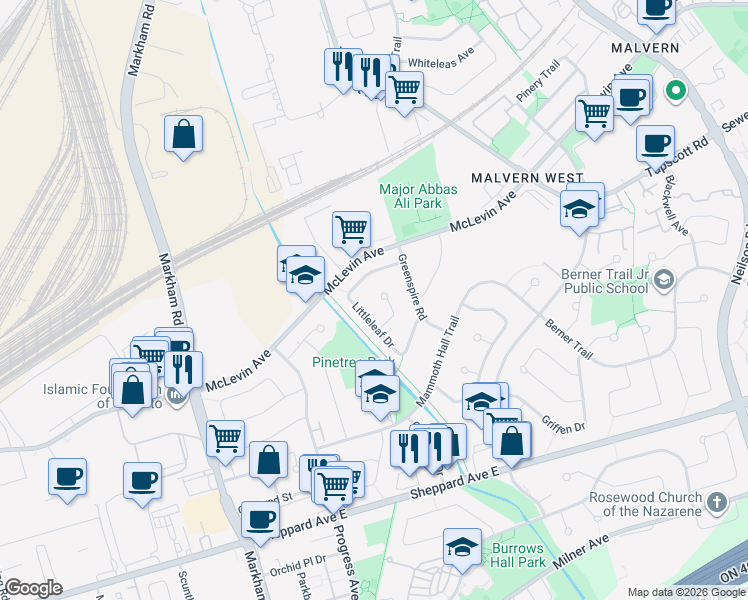 map of restaurants, bars, coffee shops, grocery stores, and more near 53 Shademaster Court in Toronto