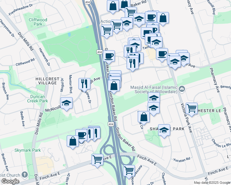 map of restaurants, bars, coffee shops, grocery stores, and more near 105 Gordon Baker Road in Toronto