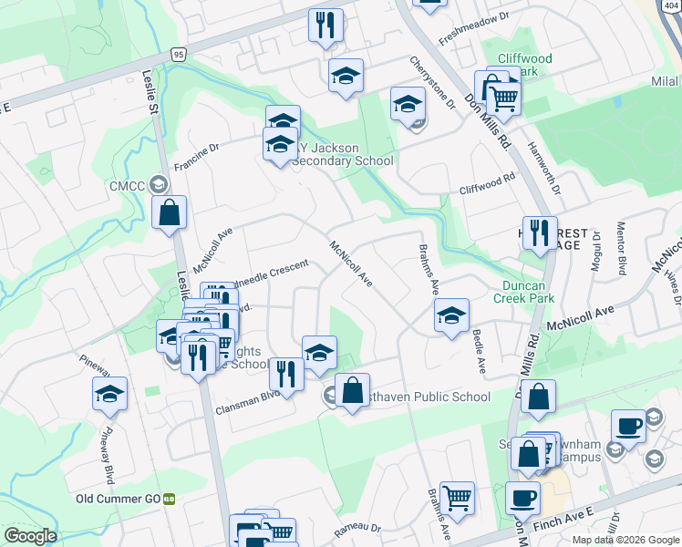 map of restaurants, bars, coffee shops, grocery stores, and more near 101 Clansman Boulevard in Toronto
